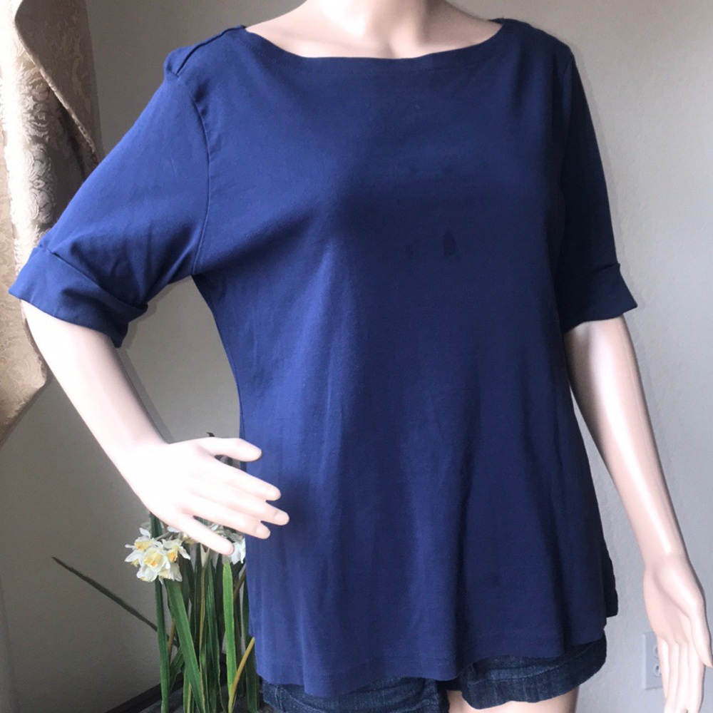 Karen Scott  Navy Cuffed Boatneck T-shirt Size L
